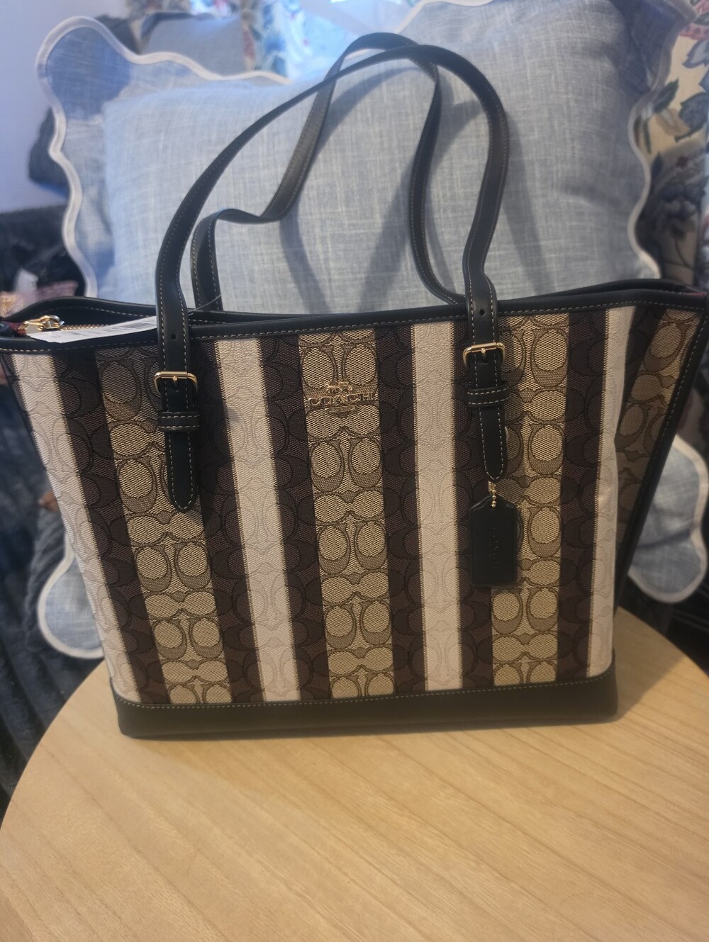 New COACH Mollie Stripe Signature Tote Bag in Brown/Cream